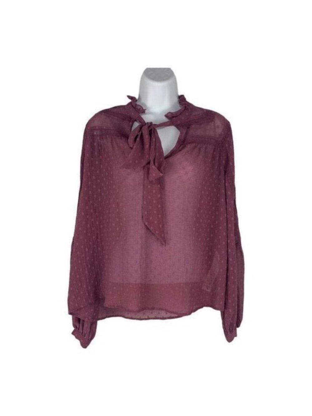 Zara Women’s Sheer Textured Lace Bow Tie Blouse Small Mauve 100% Polyester Elega